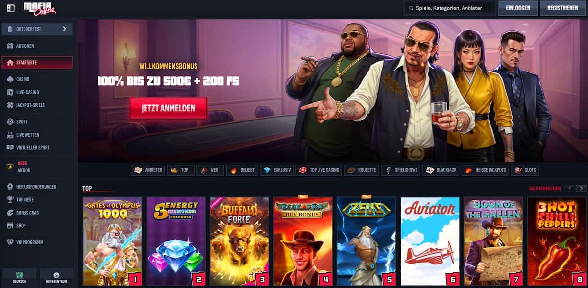 Mafia spricht Krypto-Spieler an, die neben klassischen Casino-Spielen auch moderne Formate wie Crash Games nutzen möchten. Die Navigation ist klar, Support rund um die Uhr verfügbar und ein VIP-System ergänzt das Angebot. Bonusaktionen und Cashback sind jedoch oft an strenge Regeln gebunden.